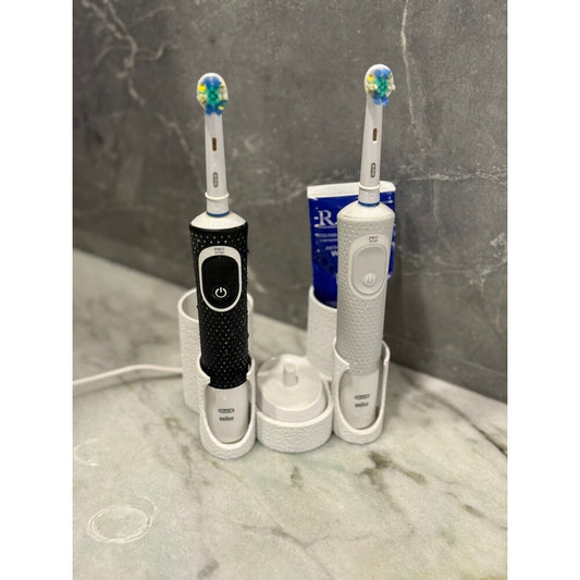 Elektrikli İkili Diş Fırçası Standı - Modern Dokulu Beyaz Diş Macunu Hazneli | ESLDecor